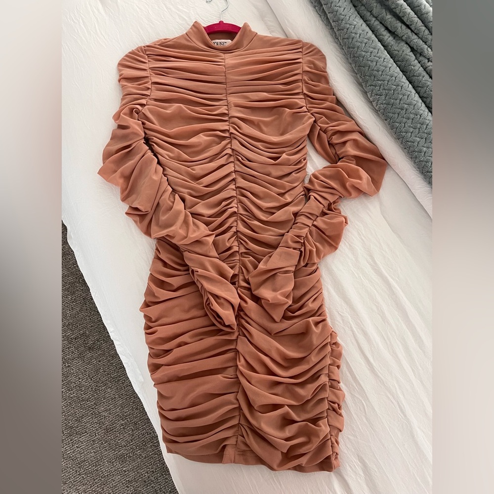House of CB London Soleil Nude Dusty Pink Ruched Long Sleeve Stretch Dress (M)